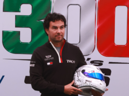 Sergio Pérez listo para celebrar su carrera 300 en la Fórmula 1 con casco especial